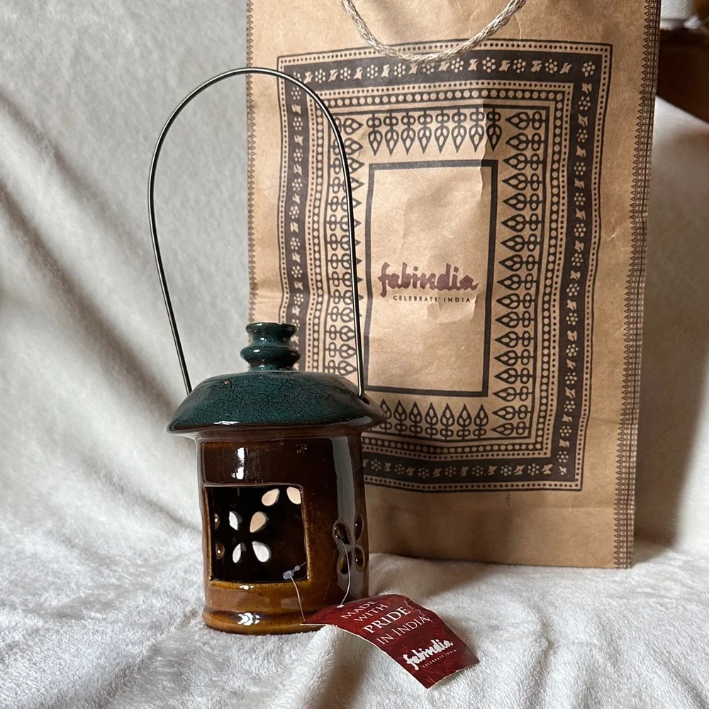 NWT Fabindia Ceramic Lantern with Brown and Dark Green Finish